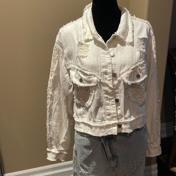 Distressed Denim Jacket with Sequined Details - Picture 10 of 17